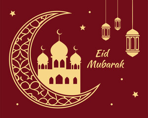 Elegant Maroon and Gold Eid Mubarak Design with Mosque and Crescent Moon.