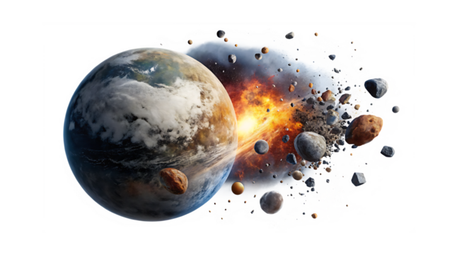 A illustration of the of rocks, dust, and debris falling. Outer space planet exploded. isolated on white background PNG. GENERATIVE AI