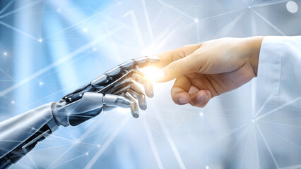 AI Machine learning Hands of robot and human touching on big data network connection background Science and artificial intelligence technology.