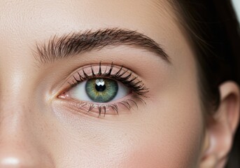 Fototapeta premium Close up of a green eye with mascara and eyebrow detail