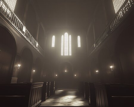 Interior of a dimly lit church featuring arched windows and pews