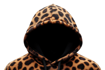 A mysterious hooded figure shrouded in a wild leopard print sweatshirt against a stark white background, exuding an air of intrigue and subtle confidence.
