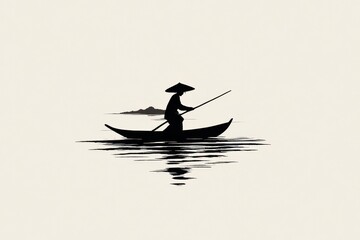 Minimalist Black and White Illustration of a Fisherman in a Boat