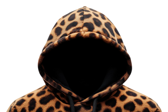 A mysterious hooded figure shrouded in a wild leopard print sweatshirt against a stark white background, exuding an air of intrigue and subtle confidence.