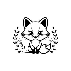 Obraz premium Cute Cartoon Fox Mascot Surrounded by Foliage, Minimalist Design