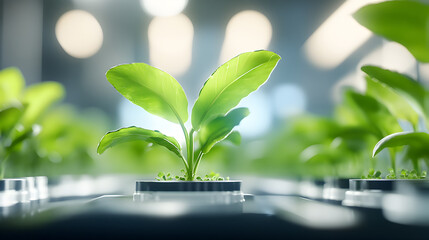 Bright green seedling growing in hydroponic system symbolizes innovation in indoor agriculture. Selective focus. Perfect for smart farming platforms or sustainable tech visuals