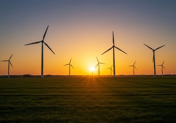 夕焼け空、緑の草原に並ぶ風力発電機 力強く回転
