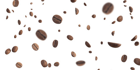 Coffee bean falling background. Black espresso coffee bean flying on white