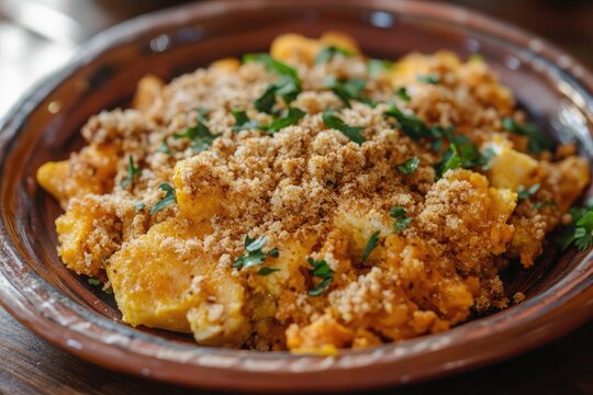 A plate of migas canas with sweet milk breadcrumbs