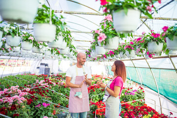 Garden center workers discussing surrounded by flowers