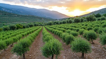 Naklejka premium Sun sets behind mountains, illuminating endless rows of olive trees in vibrant green fields, creating a serene landscape