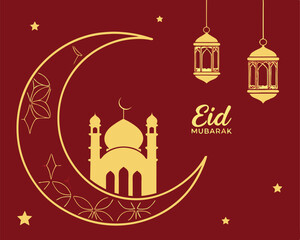 Elegant Maroon and Gold Eid Mubarak Design with Mosque and Crescent Moon.
