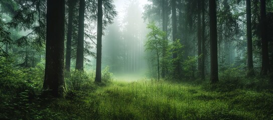 Obraz premium Walking Path Through Foggy Forest with Green Grass and Tall Trees