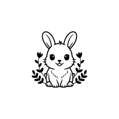 Cute Black and White Rabbit with Floral Wreath, Minimalist Design