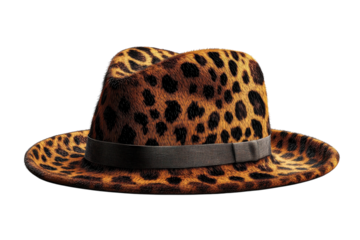 A stylish leopard-print fedora exudes confidence and a touch of wildness, a statement piece for the modern adventurer with a sleek design and rich, textured fabric.