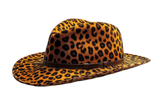 A stylish leopard-print fedora exudes confident, adventurous spirit with a brown leather band against a stark white background.