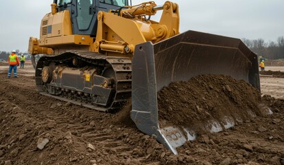 Fototapeta premium Bulldozer on construction site with workers preparing land for development. Themes of teamwork and industrial progress.