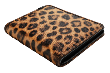 A stylish leopard print wallet, perfect for the fashion-forward individual, boasting a luxurious texture and subtle black zipper.