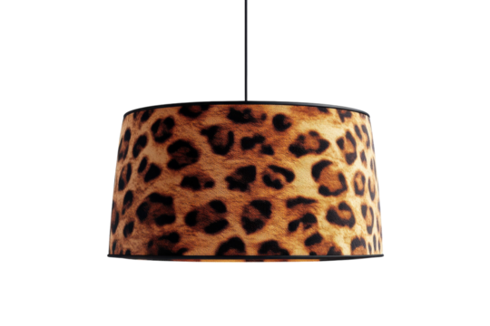 A wild, glamorous pendant lampshade, boasting a luxurious leopard print design, adds a touch of untamed elegance to any interior space with a sleek black cord.