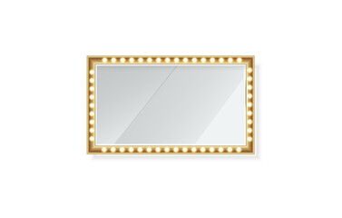 PNG makeup mirror light illuminating dressing corner with bright bulb and rectangle glasses beside poster, booklet, web illuminated frame in transparent vector illustration background colours abstract