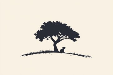 Minimalist Black and White Logo Dog Resting Under a Tree