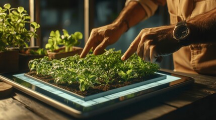 Individual pruning plant with innovative green roof design blueprint displayed on tablet hand for modern landscaping