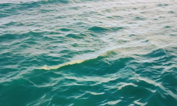 Sea water surface. Camera flies over the calm azure sea. Nobody. Holiday recreation concept. Abstract nautical summer ocean nature. Weather and climate change. Slow motion. Close up
