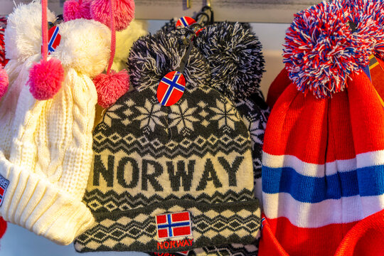 View of Norwegian woolly hats on display at Karl Johans Gate, Oslo, Norway