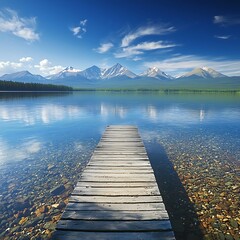 Serene Mountain Lake with Wooden Dock A Tranquil Landscape Image.