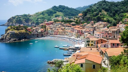 Obraz premium Picturesque Coastal Village in Italy: A Stunning View of Colorful Buildings, Azure Waters, and a Sandy Beach