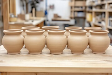 Natural textured clay pots arranged on a wooden surface in a workshop Generative AI