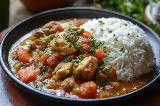 A plate of roz bil dajaj with rice and chicken stew