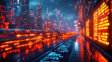 Fototapeta premium Futuristic cityscape with glowing neon lights and towering skyscrapers, showcasing vibrant urban environment filled with technology and digital displays. atmosphere is dynamic and captivating