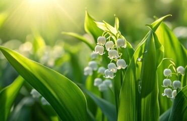 Obraz premium Lily of the Valley Blooming in Spring Sunlight with Fresh Green Leaves