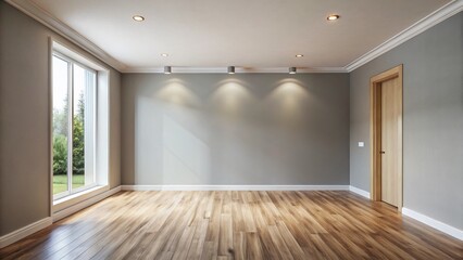 Minimalist Interior: Light Gray Walls & Warm Wood Floors - Stock Photo