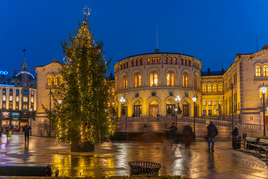 View of Norwegian Parliament during Christmas at dusk, Oslo, Norway