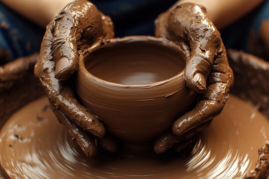 Hands skillfully shaping a clay bowl during pottery session Generative AI