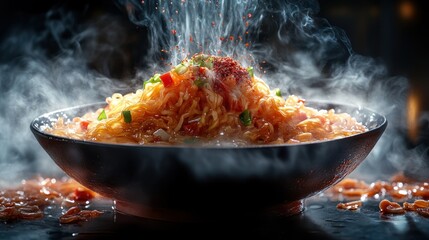 Steaming spicy noodles with fresh vegetables and chili flakes in a black bowl