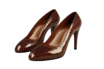 Elegant brown snakeskin pumps poised for a confident evening, sleek design with a subtle sheen against a clean white background.