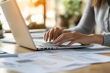 Close-up of Businessperson Working on Laptop with Financial Documents
