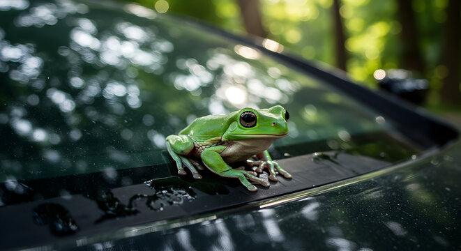 Green tree frog perched comfortably on a car windshield in natural light