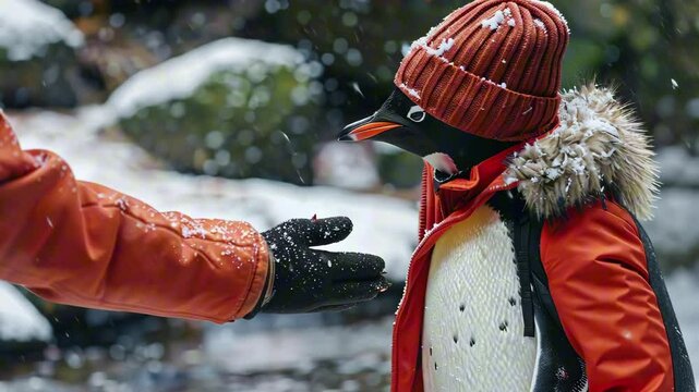 Person in orange winter coat reaching out to penguin wearing matching beanie and coat in snowy forest. Concept of whimsy and winter imagination