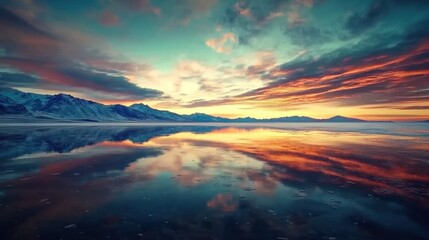 Stunning mountain and water reflection at sunset; calm, scenic vista.