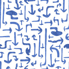 Hand Drawn graphic blue arrows seamless pattern, cute geometric lines repeat paper