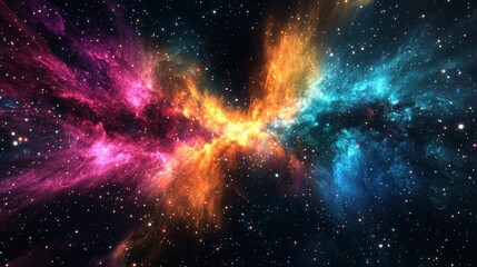 Vivid nebula with pink, orange, and blue cosmic clouds in space.
