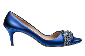 Obraz premium Elegant cobalt blue satin heels adorned with a dazzling crystal embellishment, perfect for a special occasion, showcasing a sophisticated and glamorous style.