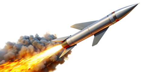 a missile rocket with fire trail isolated on white background PNG. GENERATIVE AI