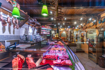 View of butcher's shop in Courmayeur, Courmayeur, Aosta Valley, Italian Alps