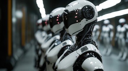 Fototapeta premium Robots in formation at high-tech facility showcasing advanced artificial intelligence technology
