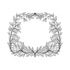 Elegant Floral Frame with Leaves and Vines, Outline Vector